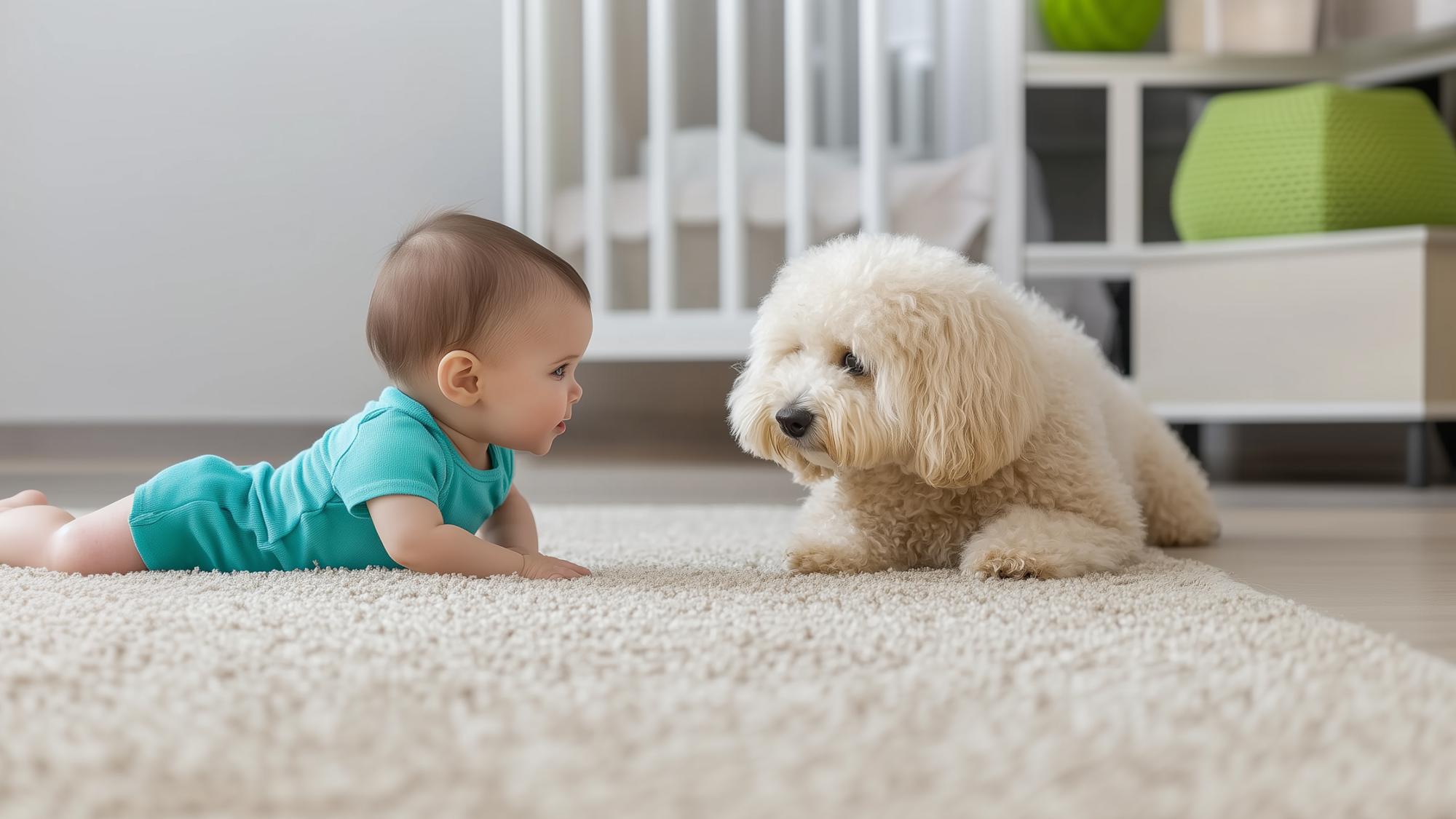 A baby in a blue onesie is lying on a beige carpet, looking at a fluffy cream-colored dog. The setting is a bright room with a crib and modern furniture in the background.